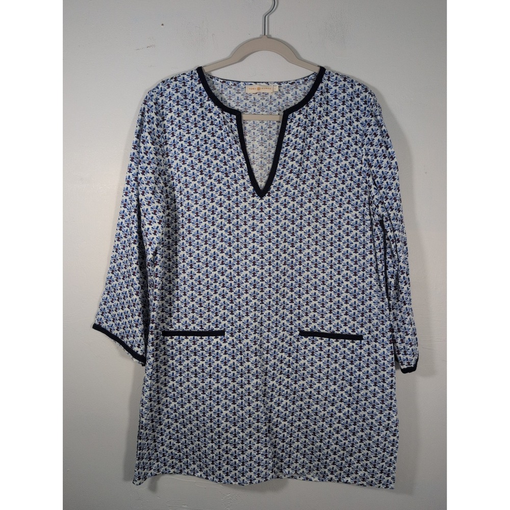TORY BURCH 100% LINEN V-NECK SIDE SLITS POCKETS TUNIC SHIRT BLOUSE TOP SZ L